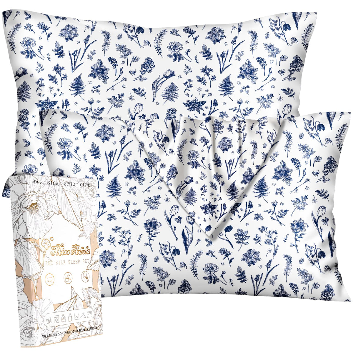 Miss Adola 2pcs Silk Pillowcase with Hidden Zipper, BLK Grow Flower