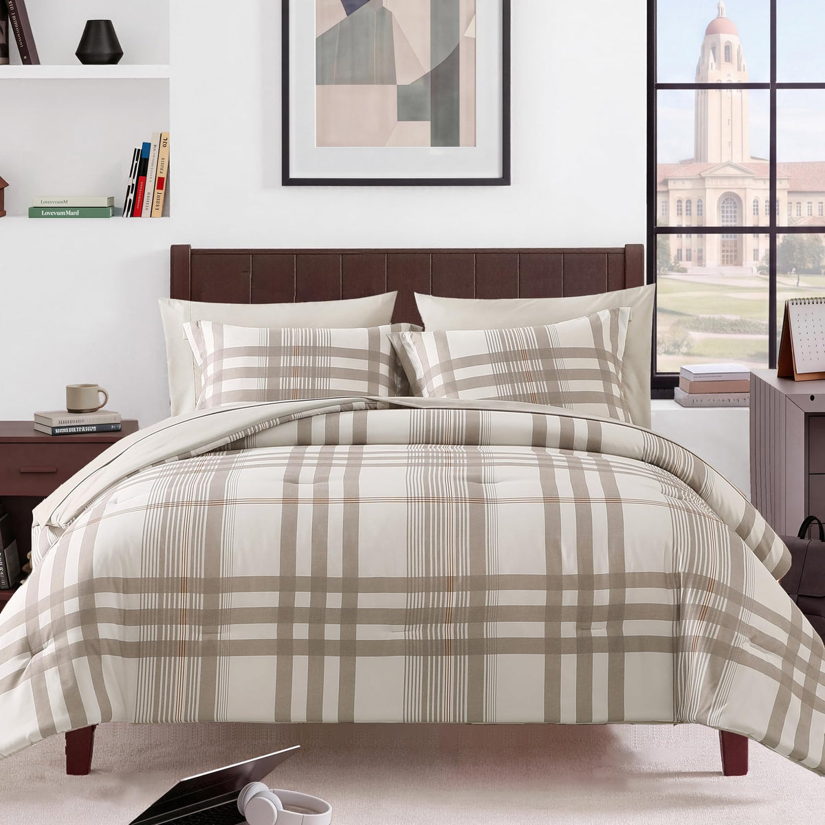 MaiRêve Plaid Queen Comforter Set Navy Blue 7 Pieces Bed in a Bag