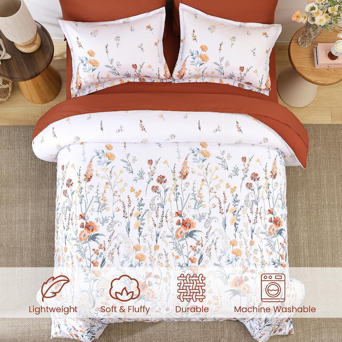 Burnt Orange Floral Comforter Set Queen Size,7 Piece Cute Flower Comforter