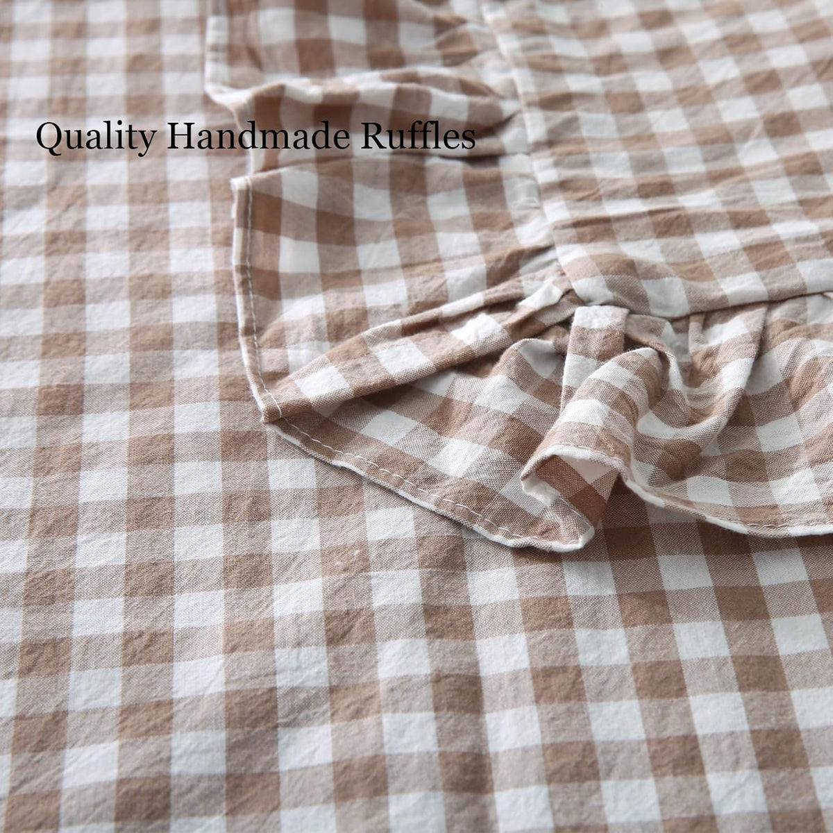 Silnuo Taupe/White Gingham Plaid Ruffled Pillow Covers Queen Size Set of 2