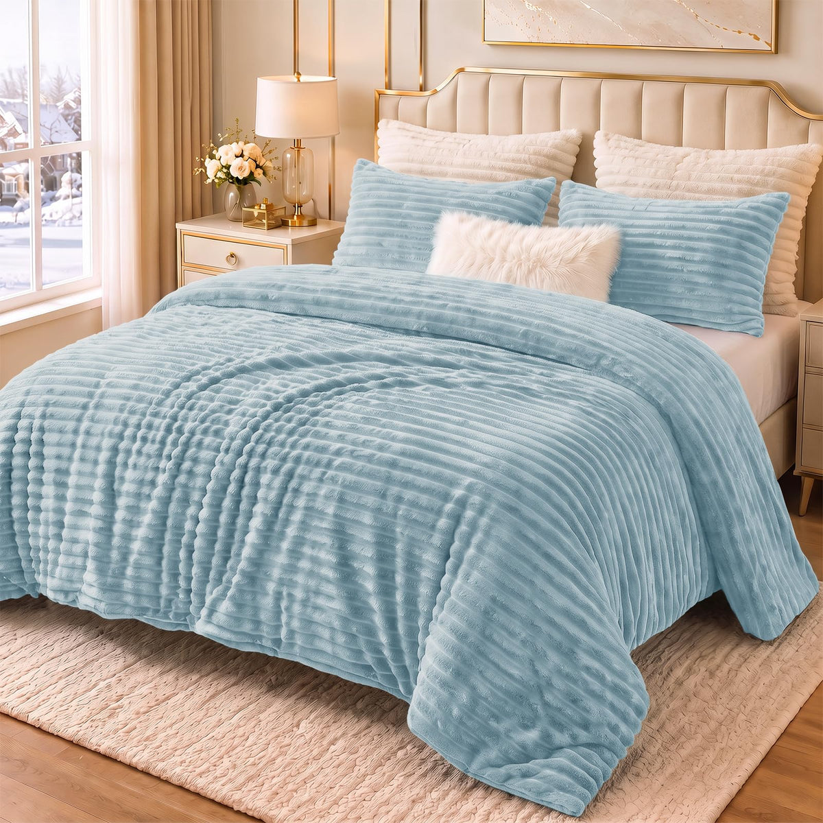 CozyLux Fleece Queen Comforter Set, 3 Piece Winter Warm Black Bedding
