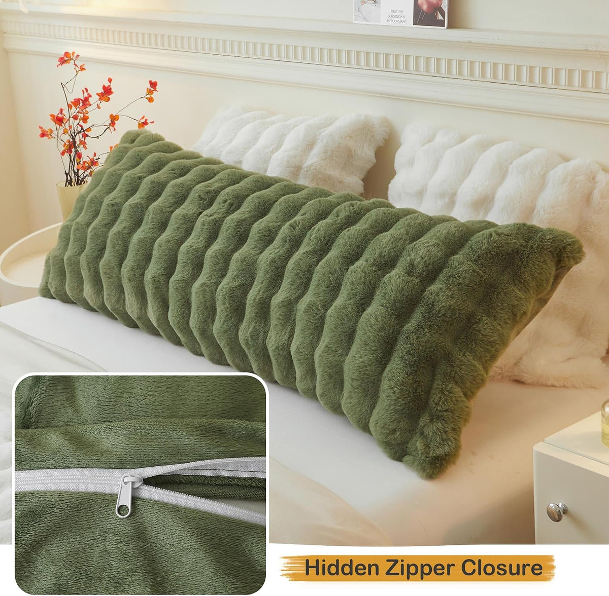 LIFEREVO Fluffy Faux Rabbit Fur Body Pillow Cover 20"x54", Sage Green