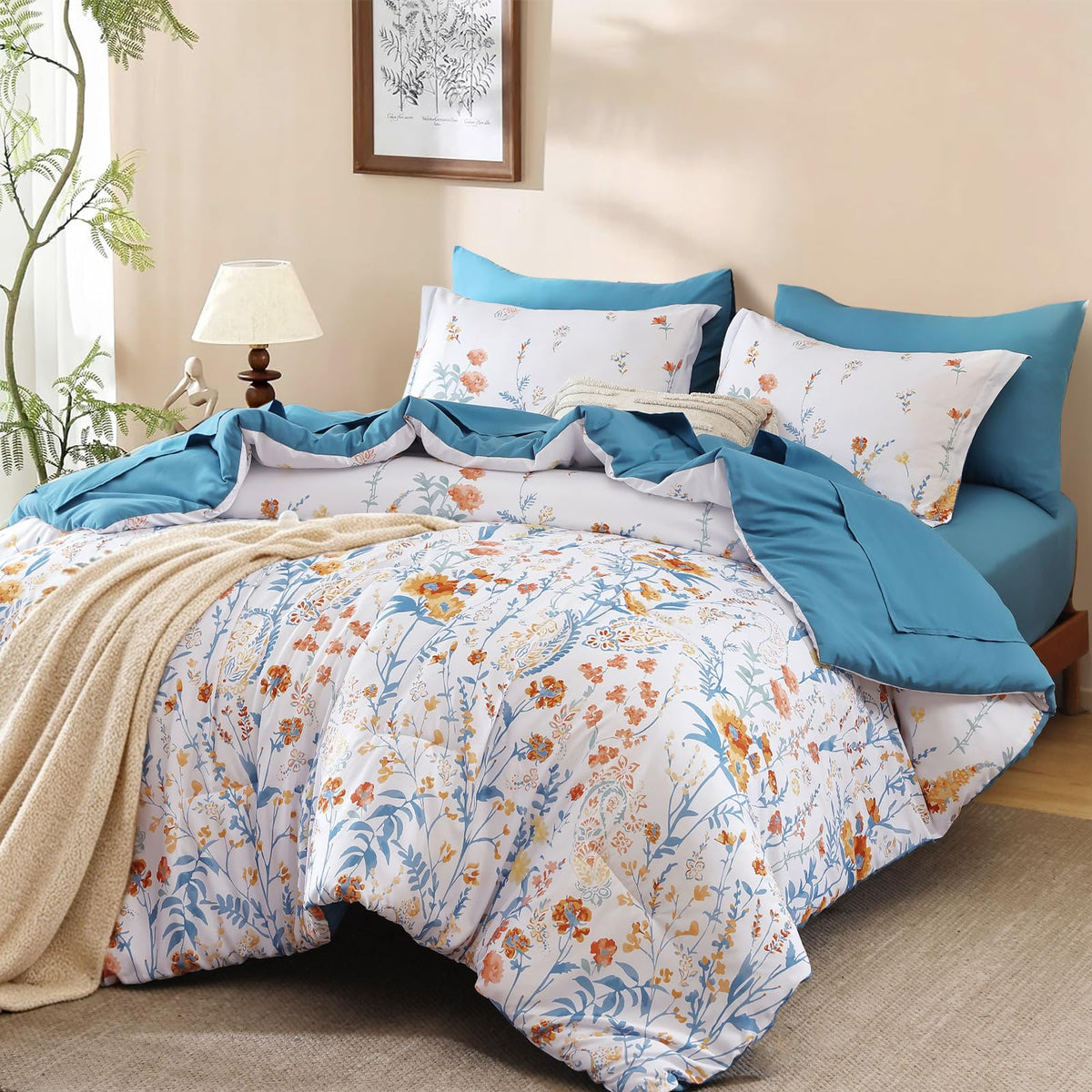 Burnt Orange Floral Comforter Set Queen Size,7 Piece Cute Flower Comforter