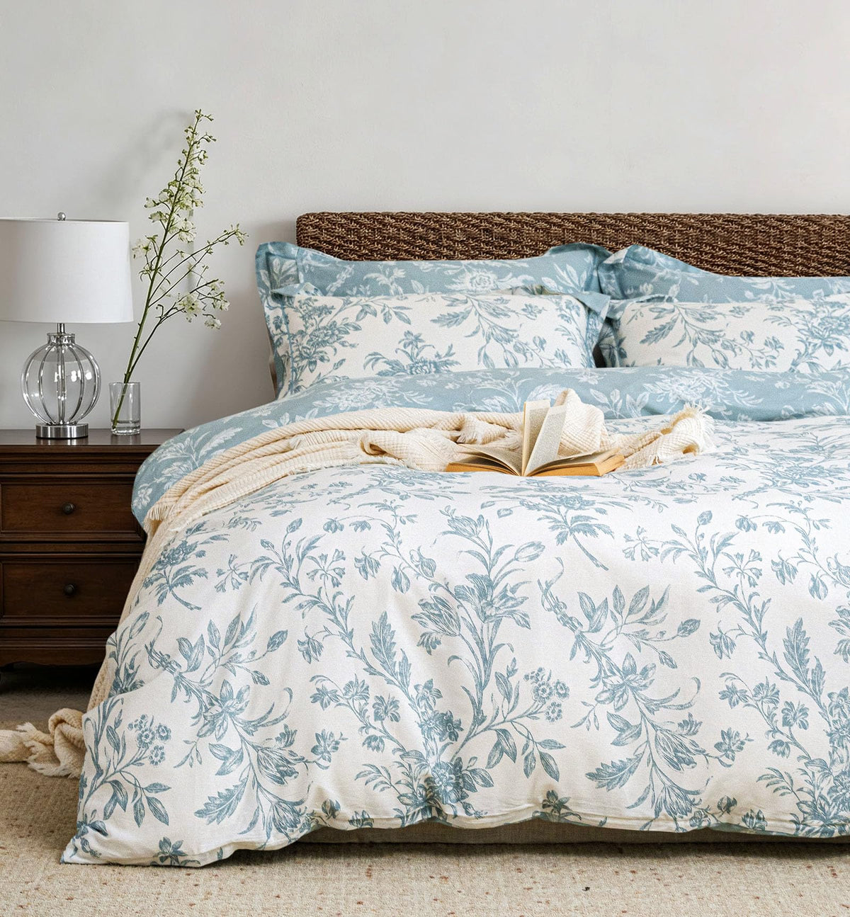 ALEISSEL Natural Cotton 3pcs Floral Comforter Sets King Size-Yellow Comforter with Pink & Yellow Flowers and Blue & Green Leaves on White, Reversible Lightweight Bedding Sets(King 104"×90")