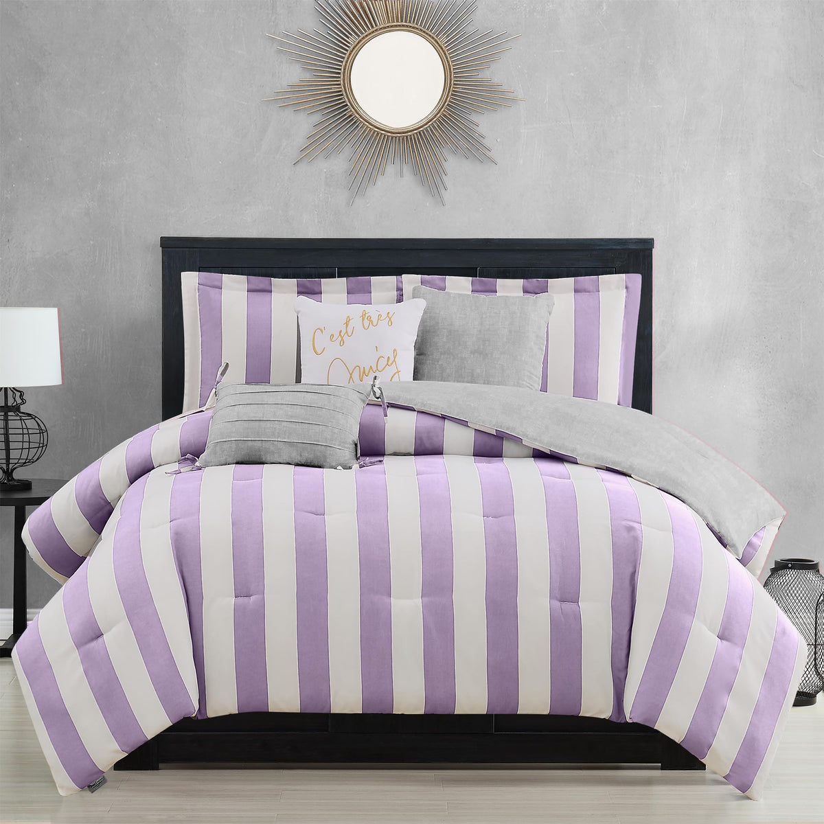 Juicy Couture Cabana Stripe Reversible Bedding Set - Queen Size - Black and White Stripe Print – 6 Piece Set – Includes 1 90" x 90" Comforter, 3 Decorative Pillows, 2 Shams