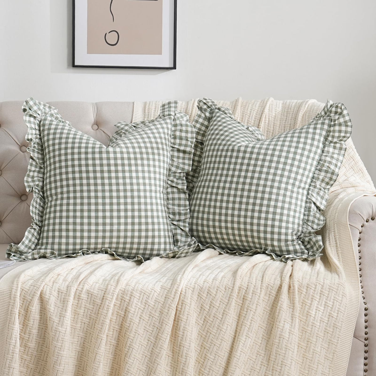 Taupe/White Plaid Ruffled Body Pillow Cover Washed Cotton 20"x54"