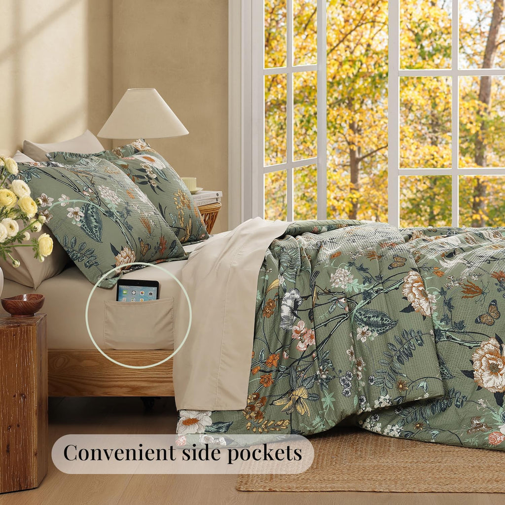 King Size Comforter Set-7 Pieces Floral Green Bed in a Bag King Bedding Set