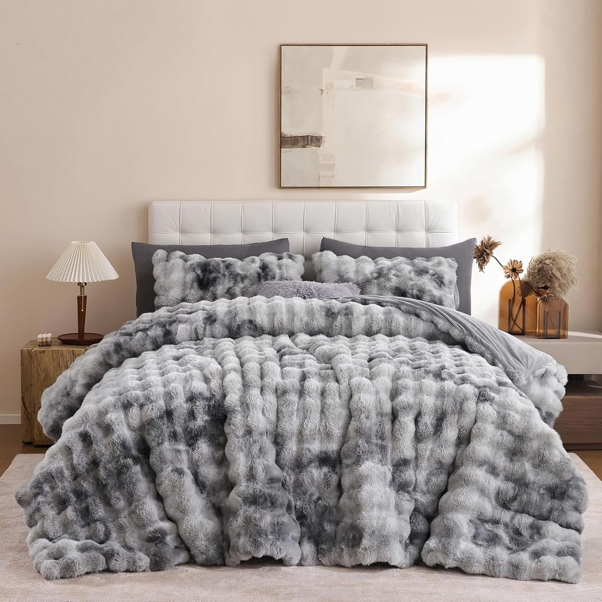 YIKUSH Queen Faux Fur Soft Comforter Set, Fluffy Linen Rabbit Fur Comforter