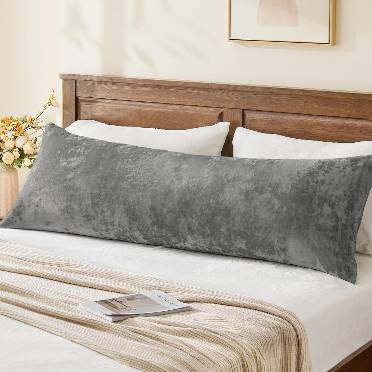 BEDELITE Velvet Body Pillow Cover with Zipper, Grey, 20x54 Inch, 1 Pack