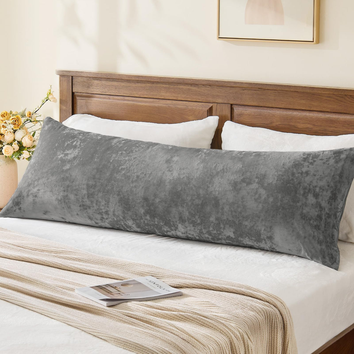 BEDELITE Velvet Body Pillow Cover with Zipper, Grey, 20x54 Inch, 1 Pack