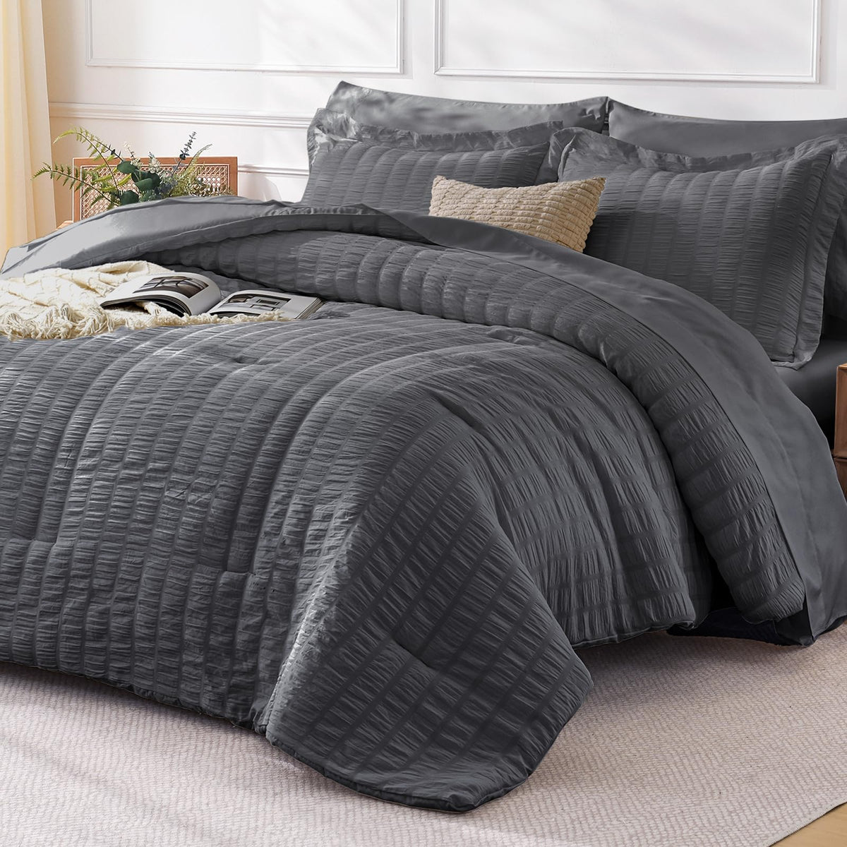 FreshCulture Twin Size Comforter Set Seersucker 5 Pieces, All Season Bedding Set Twin, Soft Bed in a Bag Comforter Set with Comforter, Flat Sheet, Fitted Sheet, Pillowcase and Pillow Sham, Cream