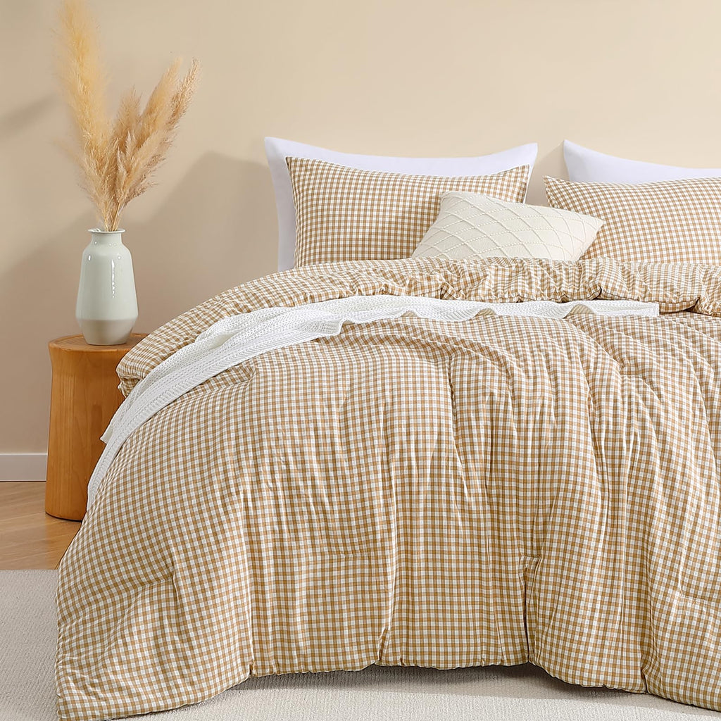 CASAAGUSTO Brown Full Gingham Comforter Set, 3 Pieces Bedding