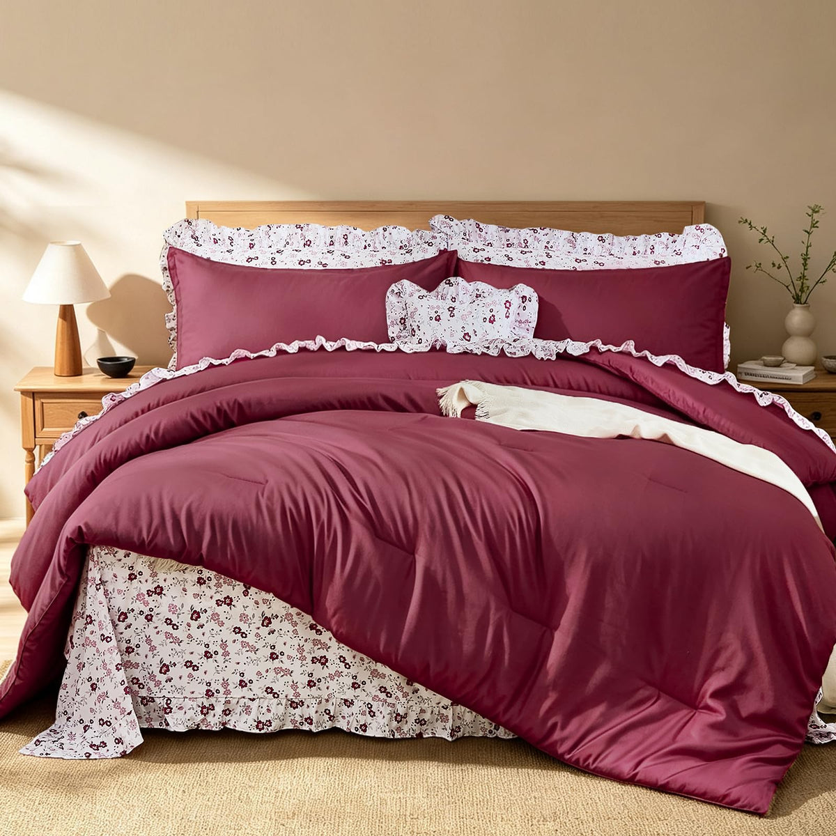 8PC Queen Comforter Set Blue, Ruffle Comforter with Floral Sheets