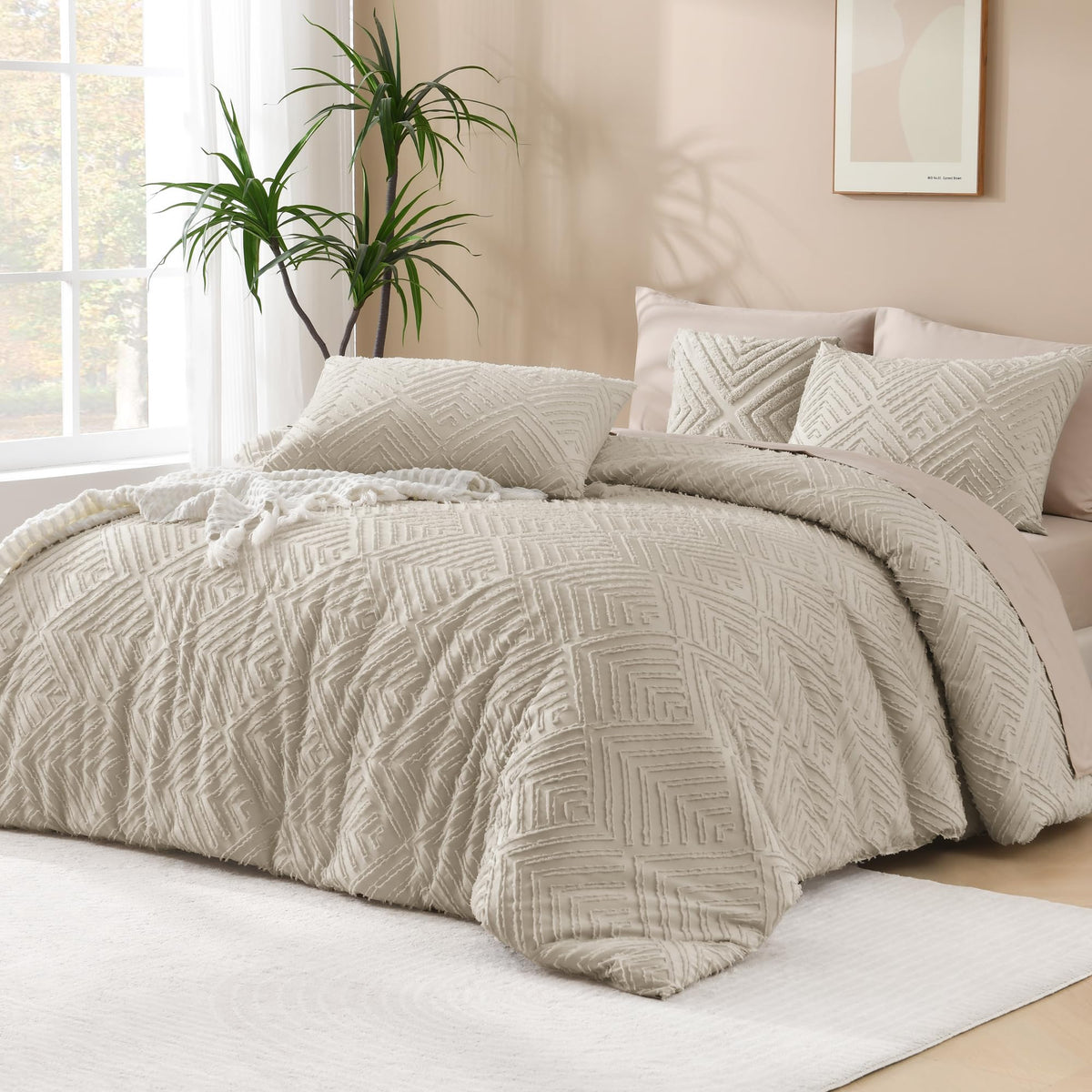 Andency King Size Comforter Set Beige, 3 Pieces Boho Bedding