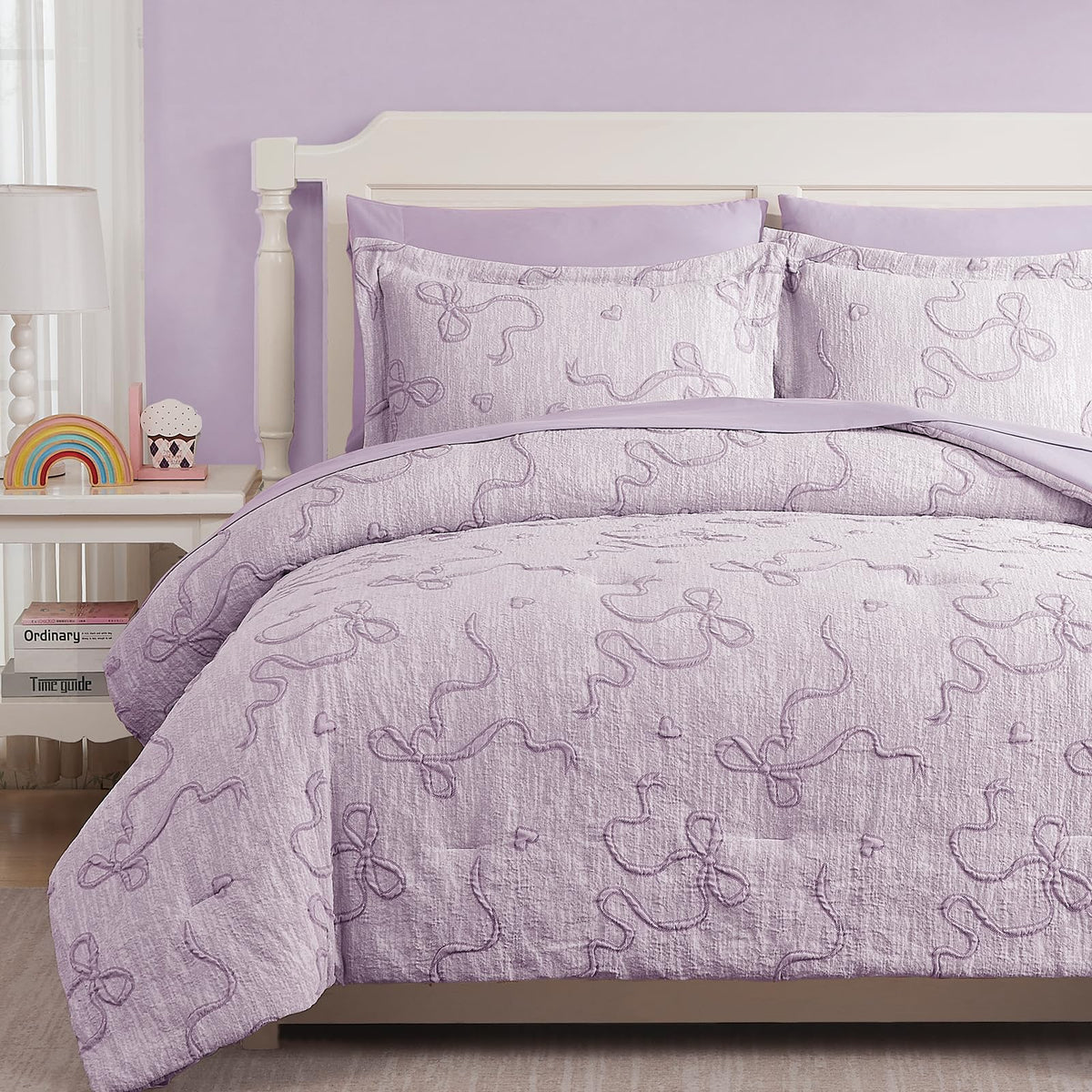 Queen Comforter Set - 7 Pieces Pink Bedding Set Bow Jacquard Bed in a Bag