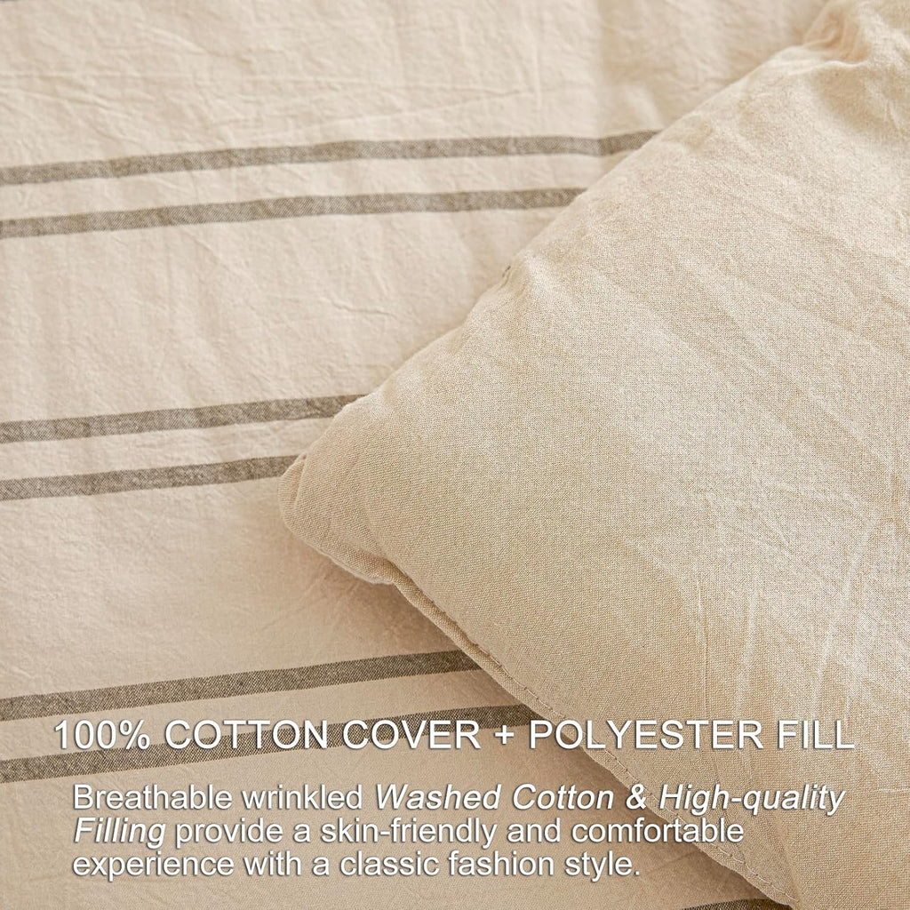 Cyusri Cotton Stripe Full Comforter Set - Soft Lightweight Bedding 3 Pieces Dyed Bed Set with 2 Pillow Shams,Reversible All Season Farmhouse Down Alternative(Full Size 80"x90" Beige)