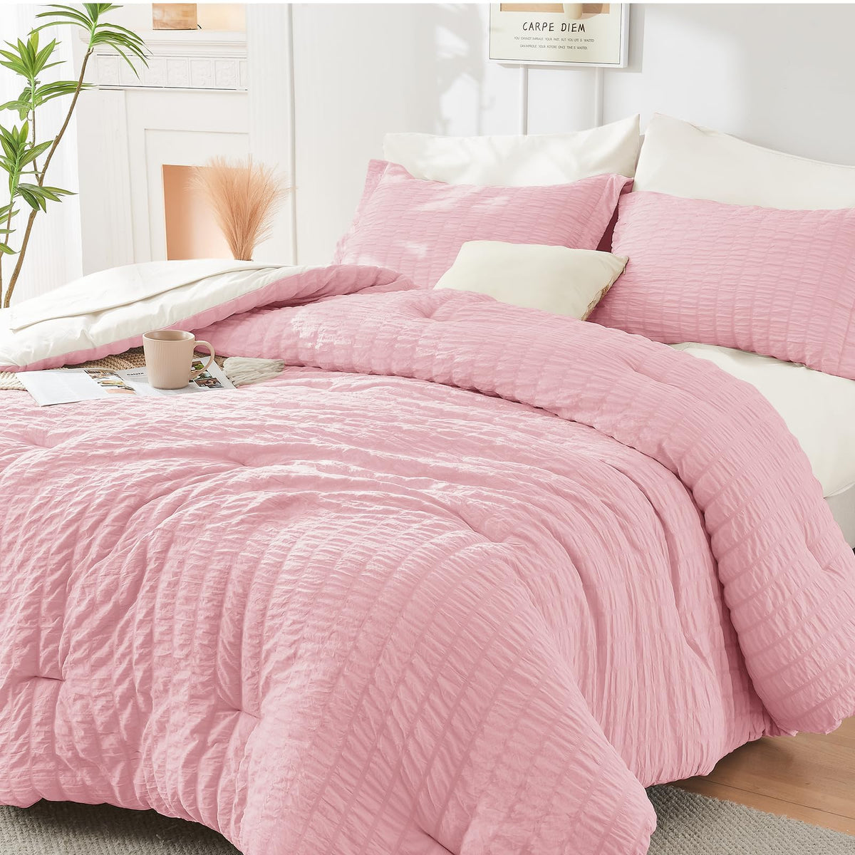 King Comforter Set - 7PCS Bed in a Bag, Seersucker Bedding Set, Dark Grey