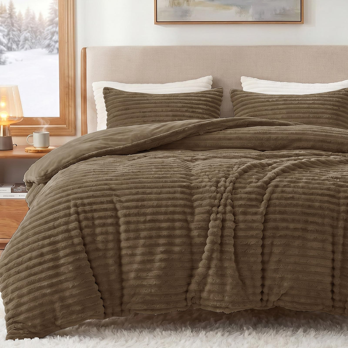 CozyLux Fleece Queen Comforter Set, 3 Piece Winter Warm Black Bedding