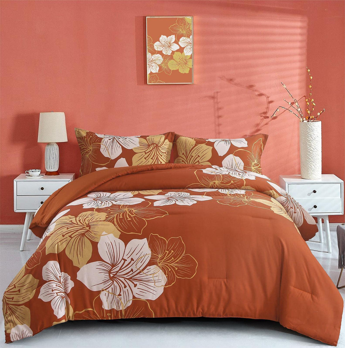 Menghomeus Queen Comforter Set, 3 Piece Dark Purple Floral Bedding Sets