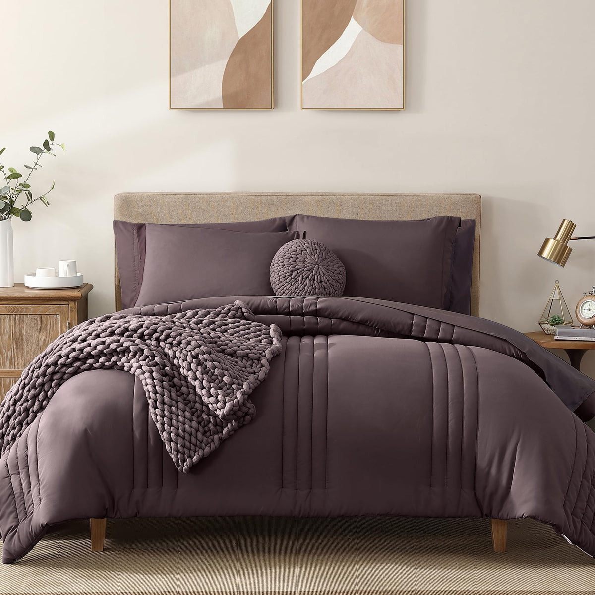 King Size Comforter Set-7 Pieces Brown Soft Bed in a Bag King Bedding Sets
