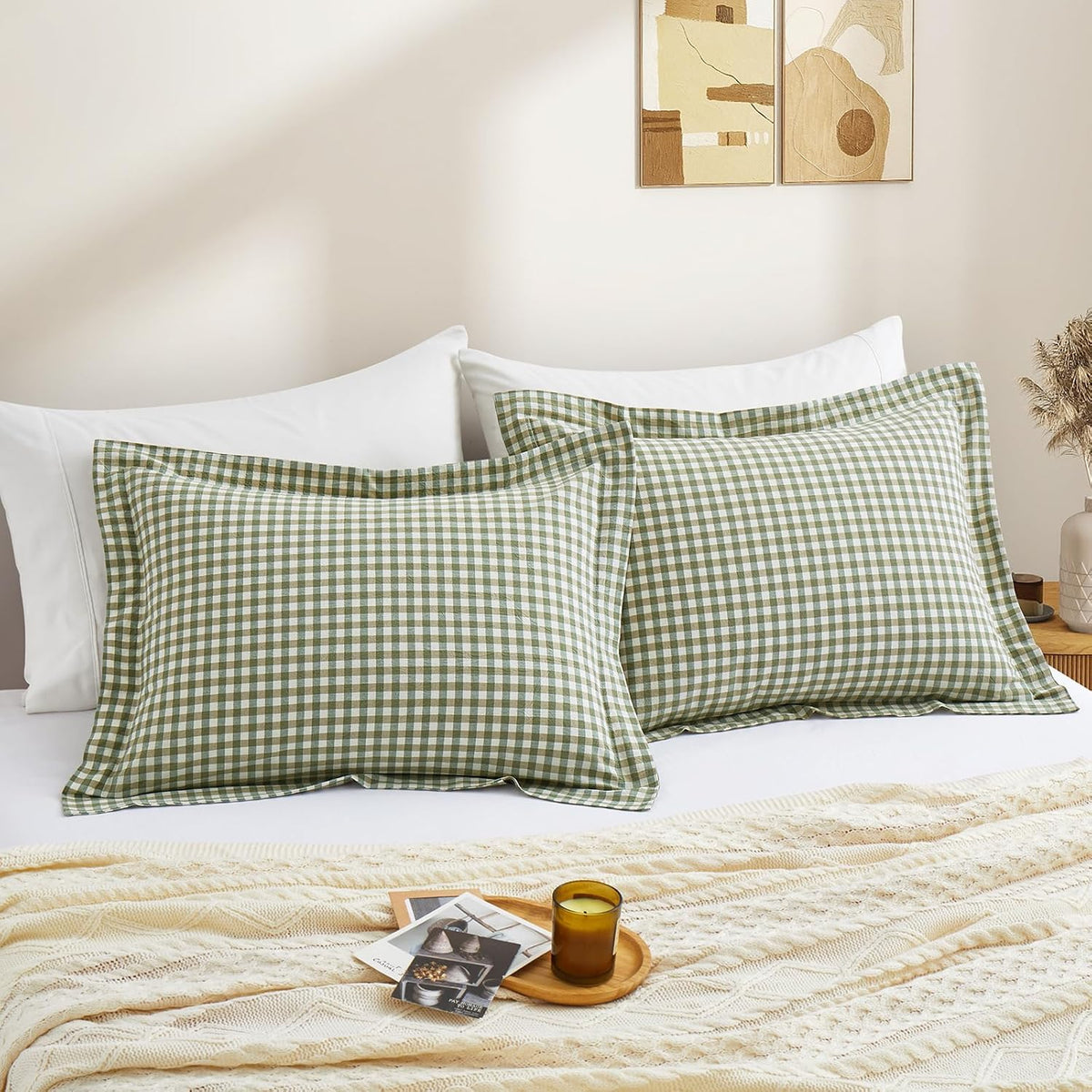 Sage Green Plaid Gingham Pillowcases, 20x26 Inches, Set of 2