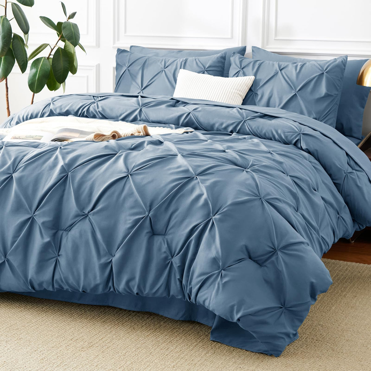 CozyLux Queen Comforter Set Black, 7 Pieces Pintuck Bed in a Bag