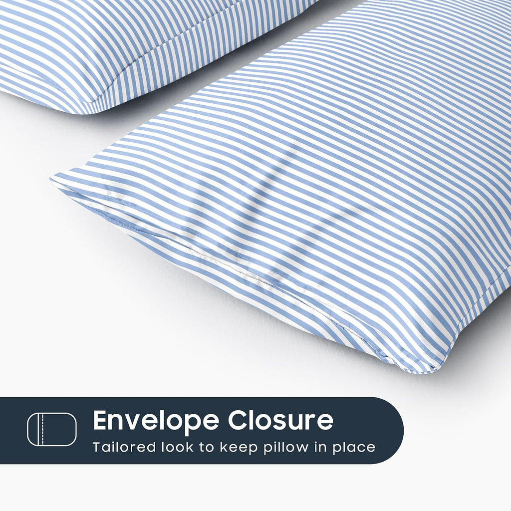 Wake In Cloud - Striped Pillow Cases, Ticking Vertical Pin Stripe Modern Farmhouse Pattern Printed, Set of 2 Soft Pillowcases Pillow Shams Covers, Blue White, Standard Size 20x26 Inches