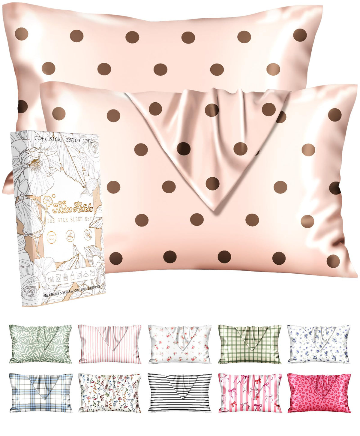 Miss Adola 2pcs Silk Pillowcase with Hidden Zipper, Pink Stripes