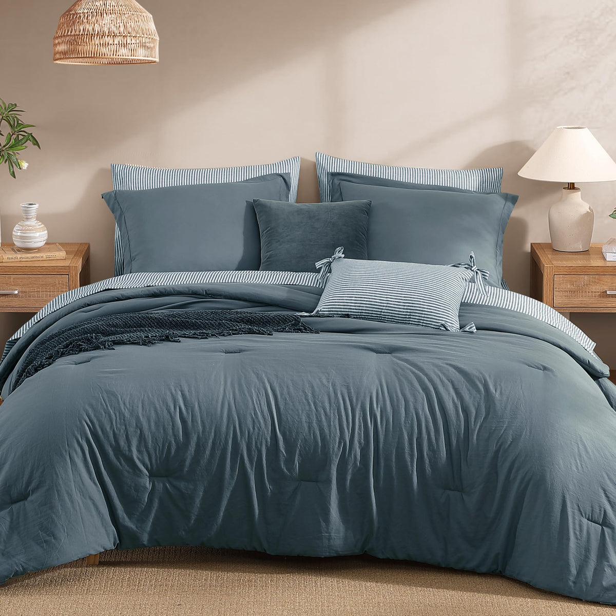 Monbix Queen Comforter Set - 7 Pieces Soft Bed in a Bag Queen Bedding Sets