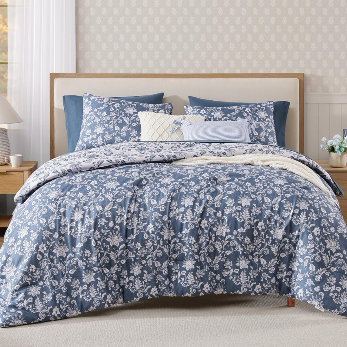 BLOOMHAVEN King Size Comforter Set-7 Pieces Blue Floral Bed in a Bag King