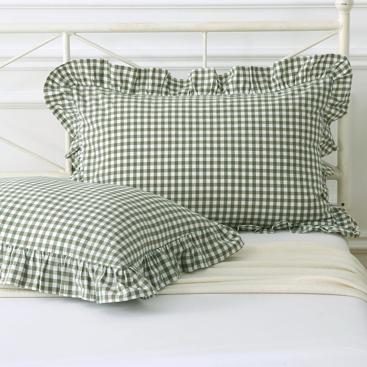Silnuo Taupe/White Gingham Plaid Ruffled Pillow Covers Queen Size Set of 2