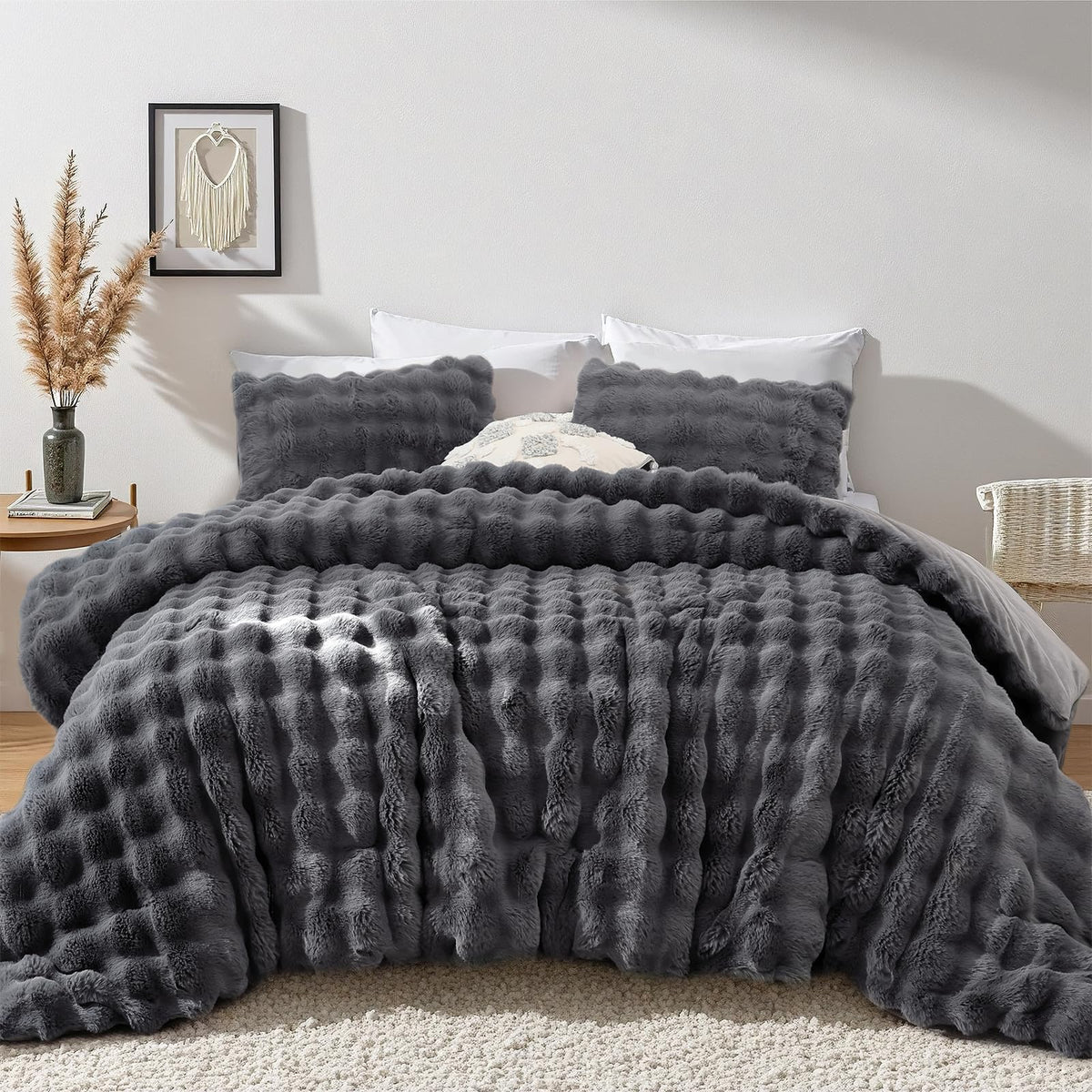 YIKUSH Queen Faux Fur Soft Comforter Set, Fluffy Linen Rabbit Fur Comforter