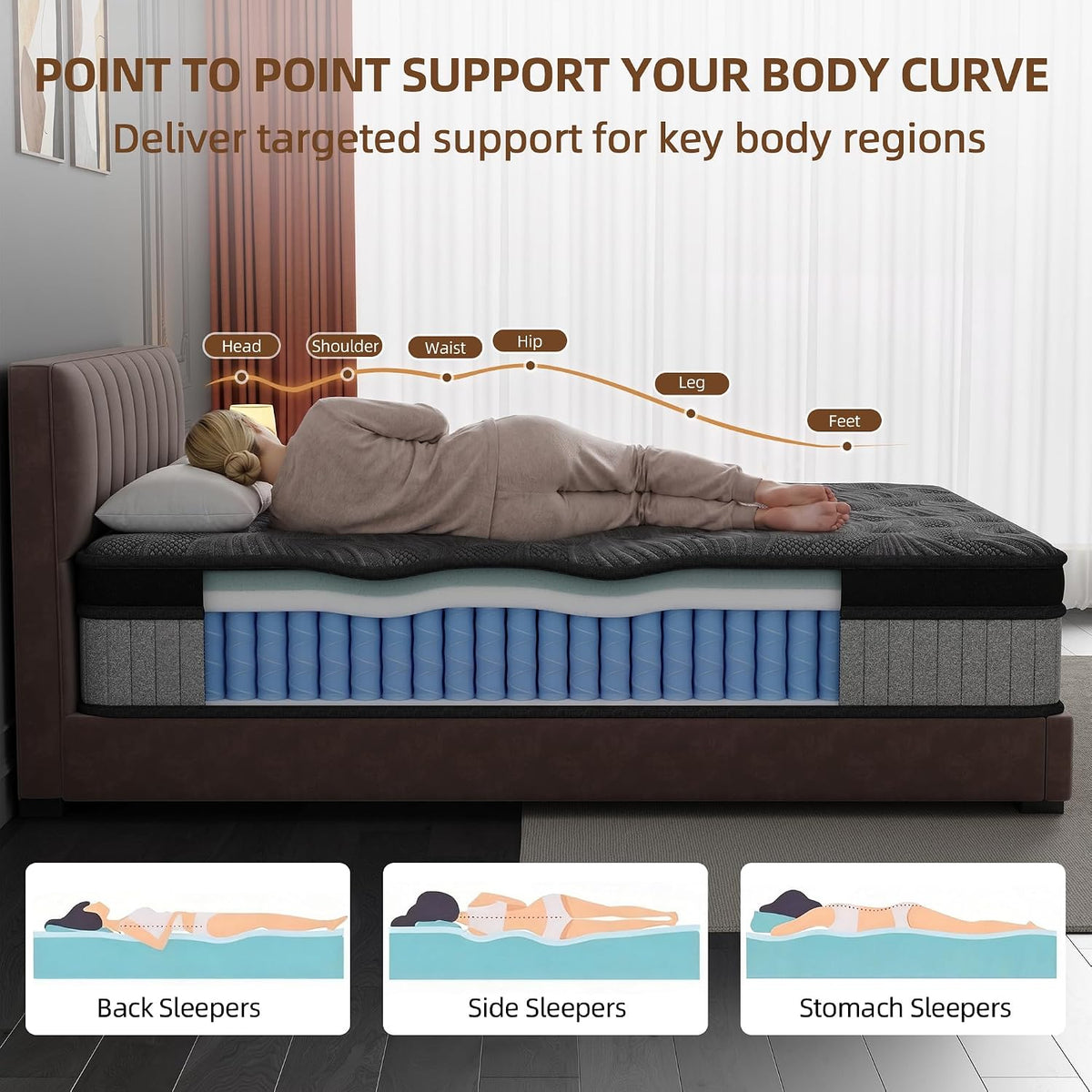 14-Inch Queen Size Mattress in a Box, 12-Zone Ergonomic Pocket Springs, Black Thermoregulating Knit Cover with Grey Side Panels, Precision Pressure Relief & Zero Motion Transfer