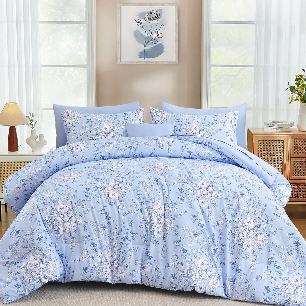 WONGS BEDDING 8 Pieces Queen Size Comforter Set Green, Sage Green Floral Bed in a Bag Comforter Sets, Soft Reversible Botanical Flowers Bedding Sets for All Season (90"x90")
