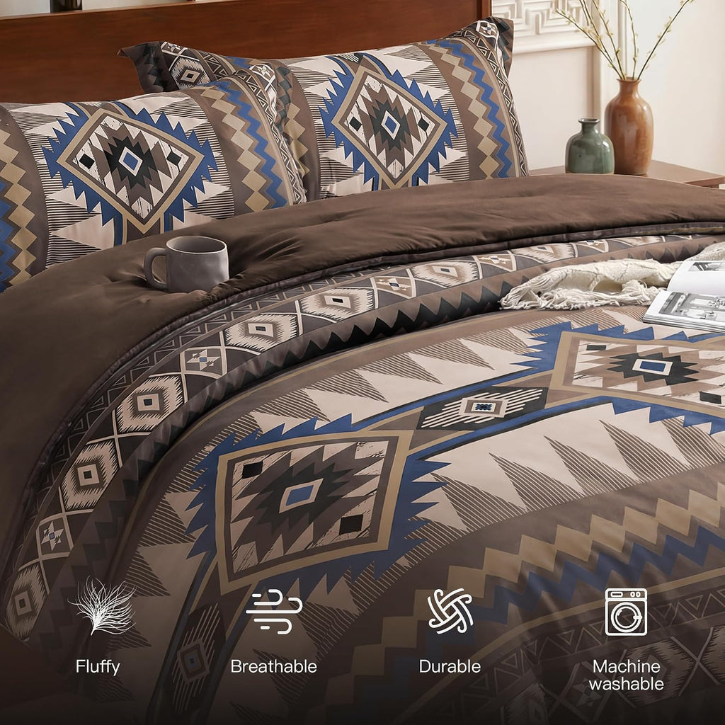 Tyrot Dark Brown King Size Comforter Set – 3 Piece Boho Aztec Western Bedding Sets, Soft Lightweight Comforter for All Seasons, Southwestern Style, 1 Comforter & 2 Pillow Shams