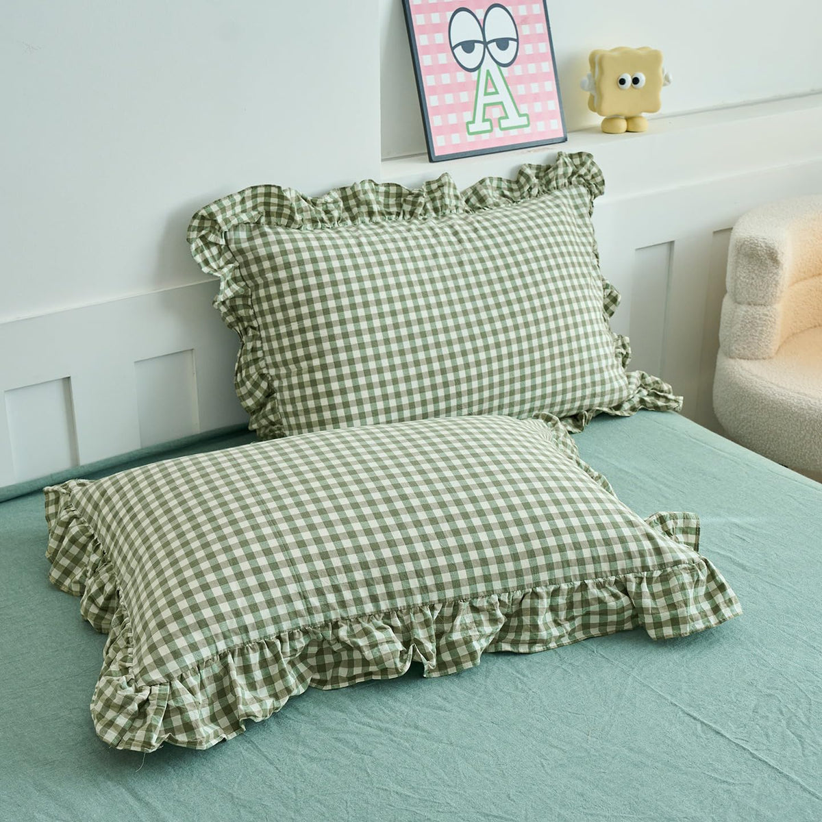 Tan Gingham Pillowcases Set Farmhouse Standard Size Pillow Shams Buffalo Taupe Plaid Pillowcases Set of 2, Grid Checkered Gingham Washed Cotton Pillow Covers with Envelope Closure, 20"×26"