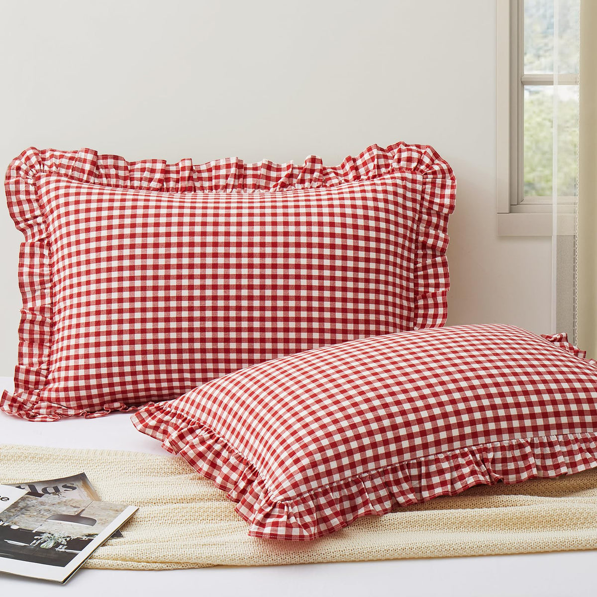 KKJIAF 2 Pcs Plaid Ruffle Pillow Case Standard Size, Sage Green Plaid