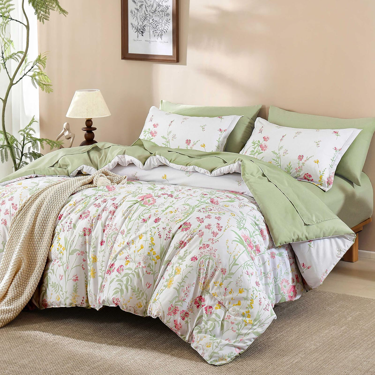 Burnt Orange Floral Comforter Set Queen Size,7 Piece Cute Flower Comforter