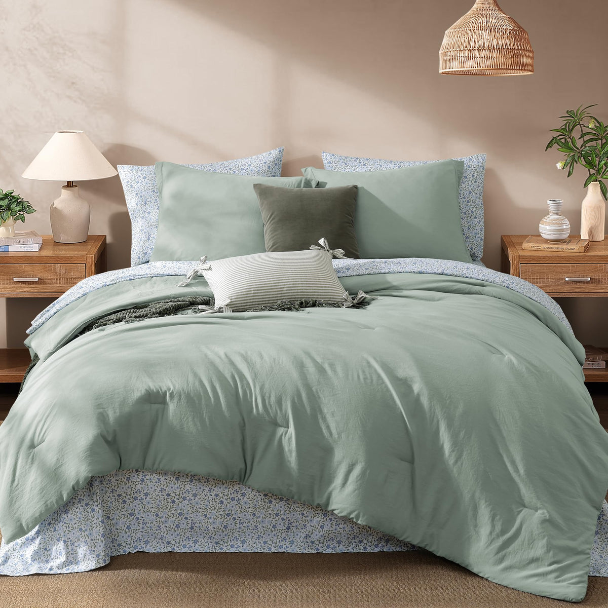 Monbix Queen Comforter Set - 7 Pieces Soft Bed in a Bag Queen Bedding Sets