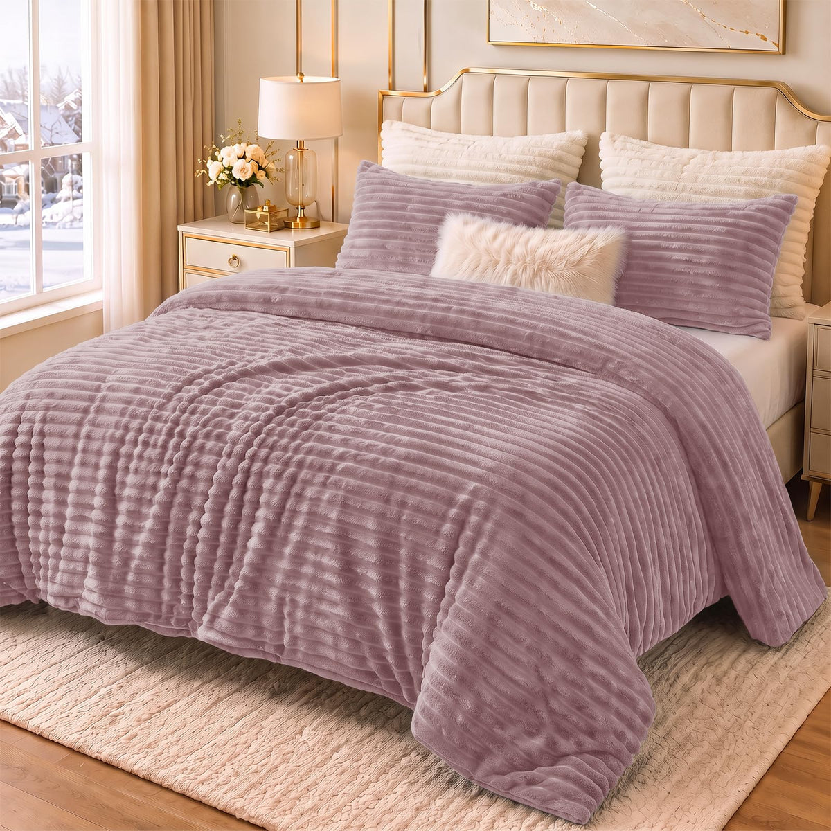 CozyLux Fleece Queen Comforter Set, 3 Piece Winter Warm Black Bedding