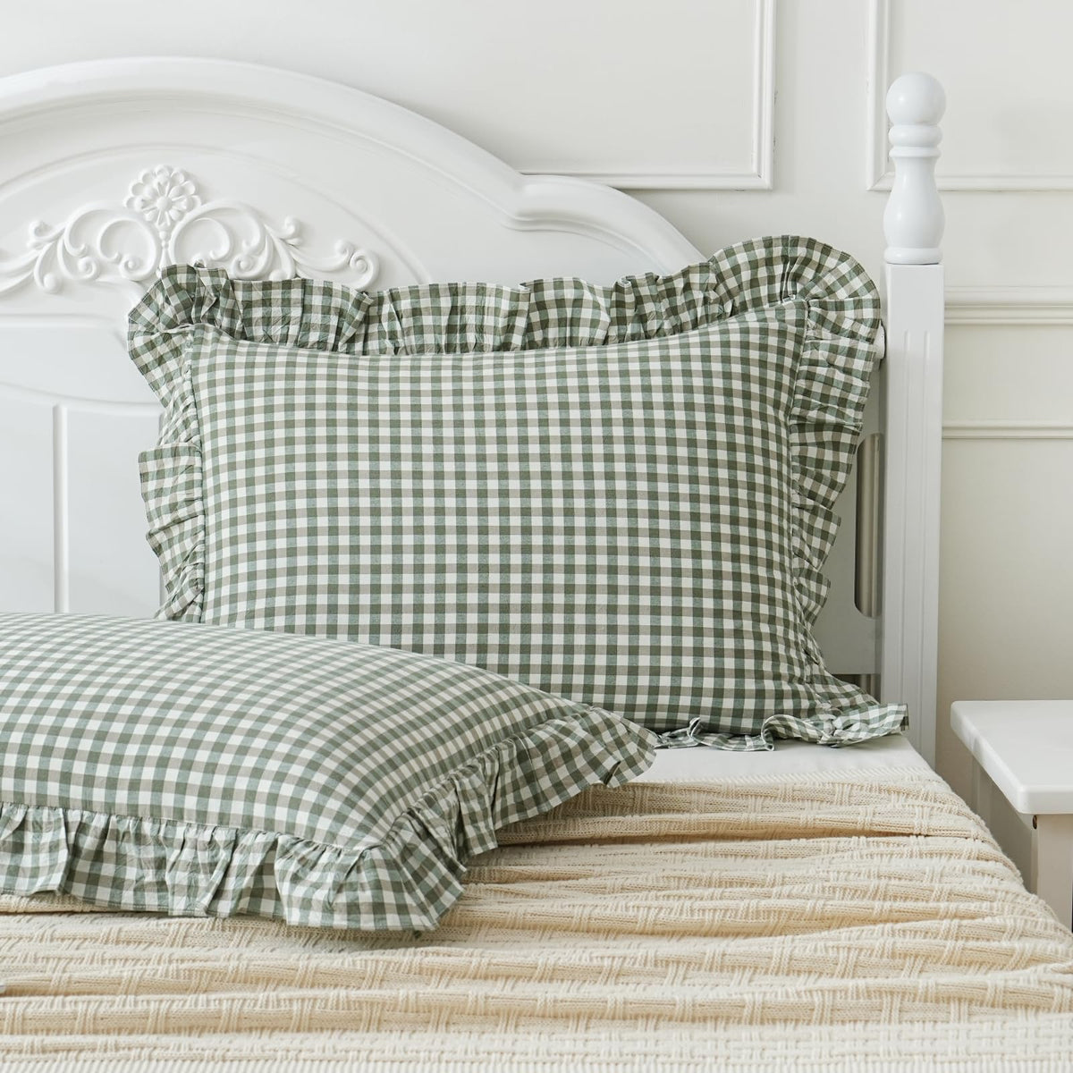Taupe/White Plaid Ruffled Body Pillow Cover Washed Cotton 20"x54"