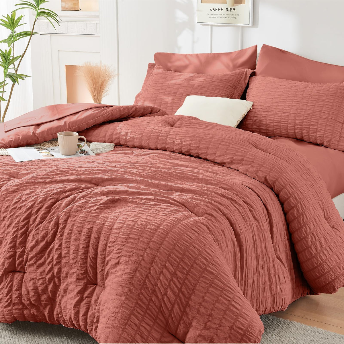 King Comforter Set - 7PCS Bed in a Bag, Seersucker Bedding Set, Dark Grey