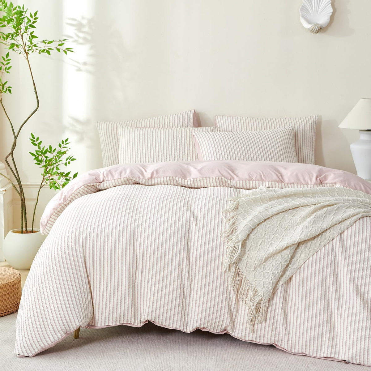 Comforter Set King Size Dusty Pink Soft Luxury Washed Microfiber Jacquard 3 Pieces Bedding Set, White Dusty Pink Vertical Ticking Stripes Comforter with 2 Pillowcases Breathable Durable Comfy
