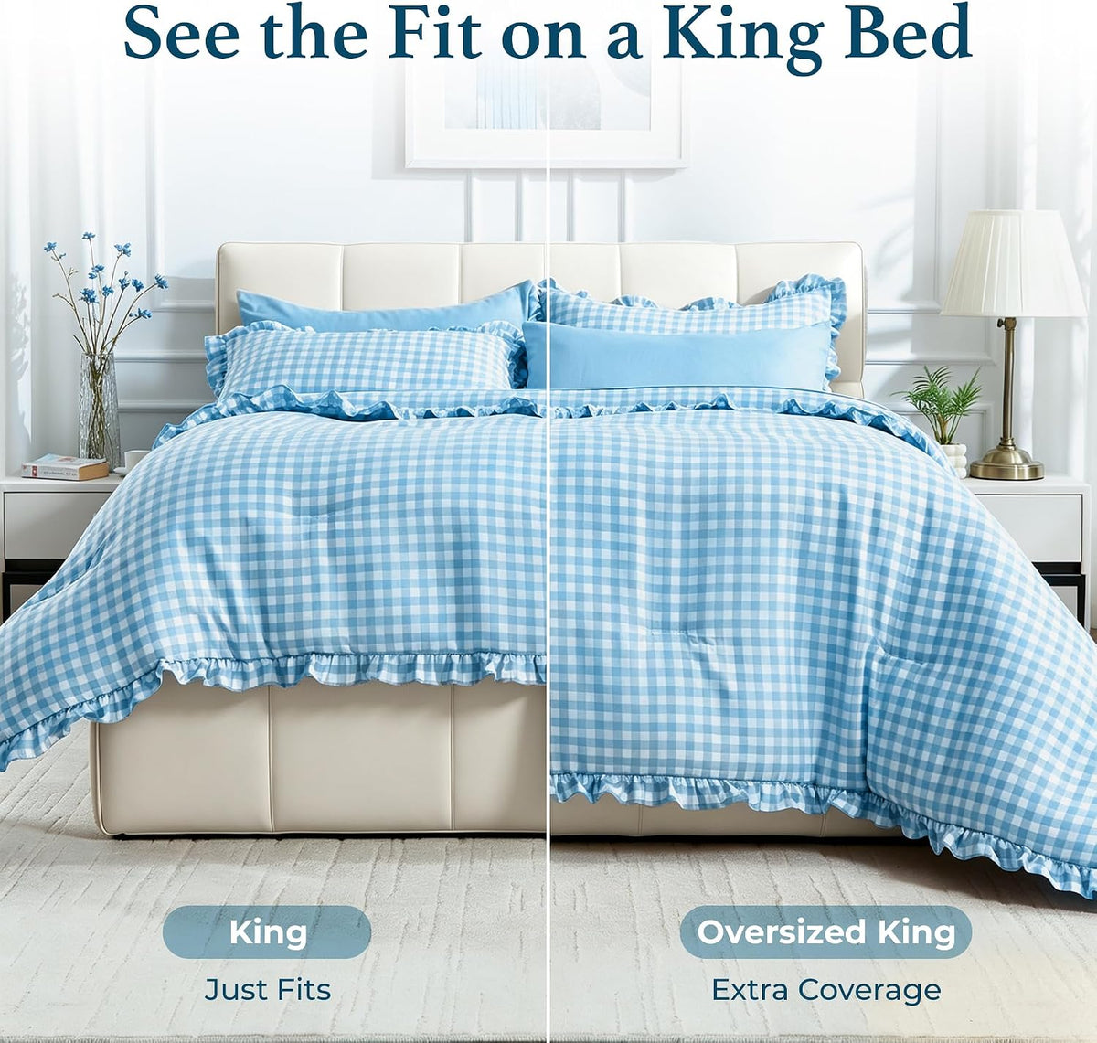 BDEUS 7 Pieces Gingham Ruffle Comforter Set Queen Size, Blue Grid Tartan Bedding Set, Soft Breathable Fabric Comforter with Flat Sheet, Fitted Sheet, 2 Pillowcases & 2 Shams, 88"X88"