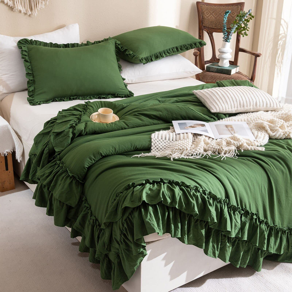 Masaca Ruffled Comforter Set Queen,Farmhouse Shabby Boho Chic Bedding Wheat and White Ruffle Comforter Vintage Rustic French Country Elegant Bedding Set 3PCS