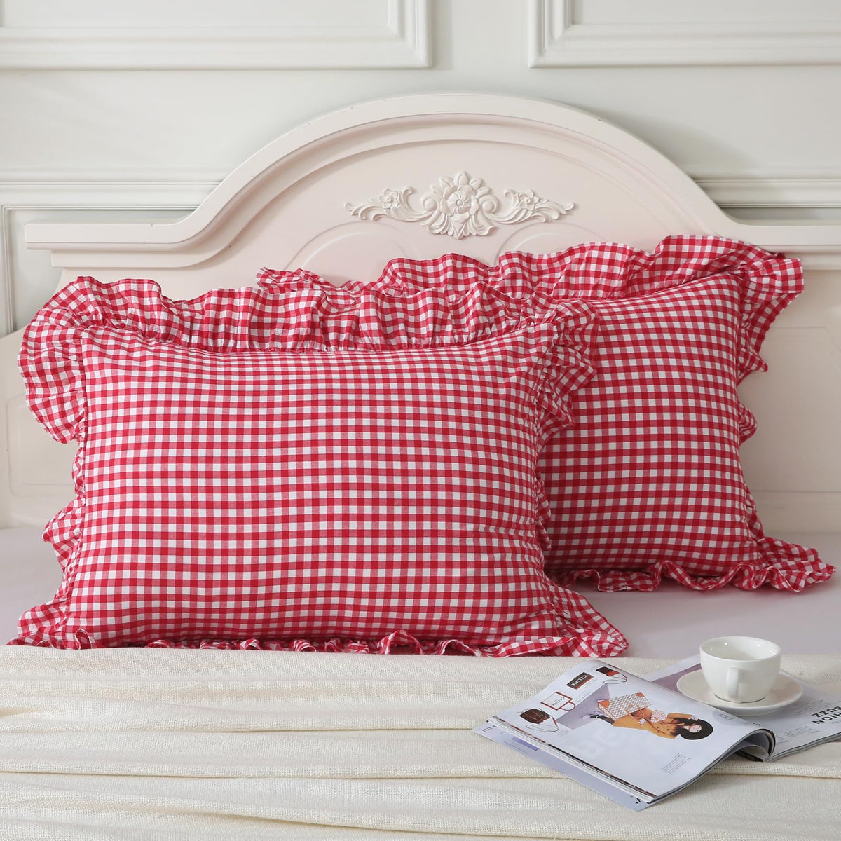 Mywinlle Taupe Plaid Gingham Ruffle Decorative Throw Pillow Covers 18"x18"