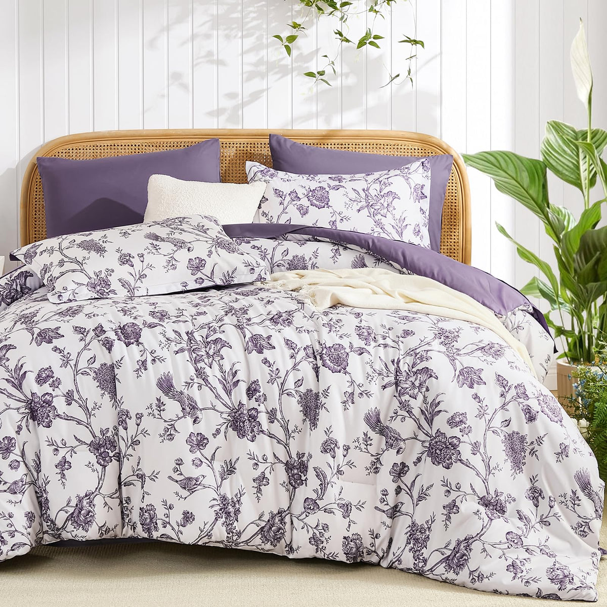 Luxudecor Blue Rose Floral Queen Comforter Set, 7 Pieces Bed in a Bag
