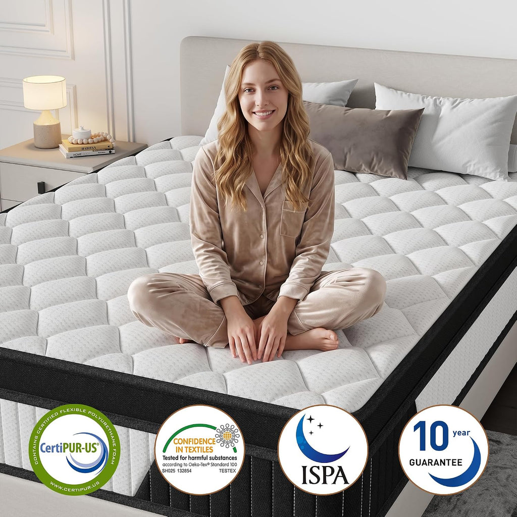 12 Inch Queen Mattress Individually Wrapped Coil Hybrid, Cooling Knitted Cover & Ventilated Foam, Medium Soft with Targeted Body Support, Certified Fire-Resistant, Bed in a Box