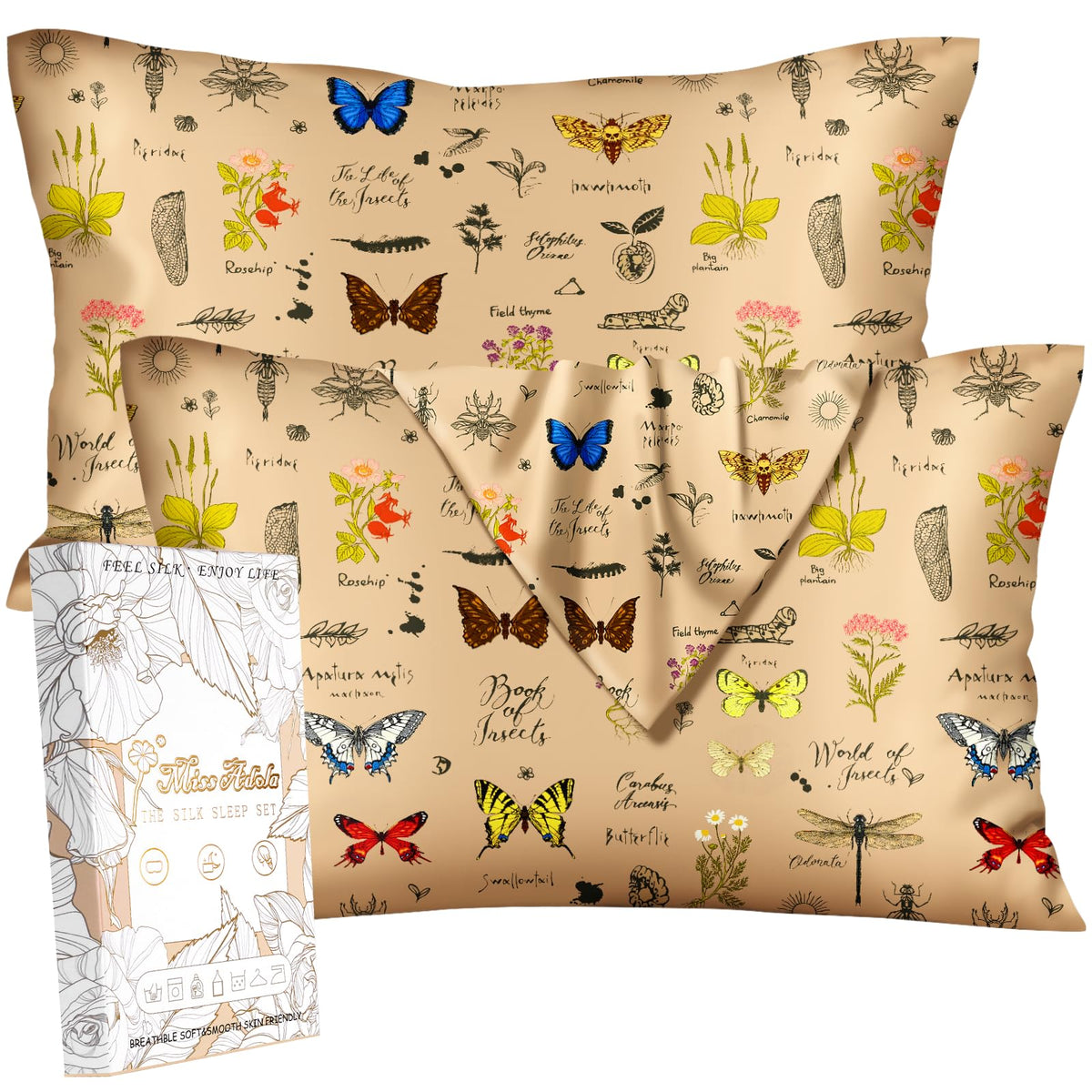 Miss Adola 2pcs Silk Pillowcase with Hidden Zipper, BLK Grow Flower