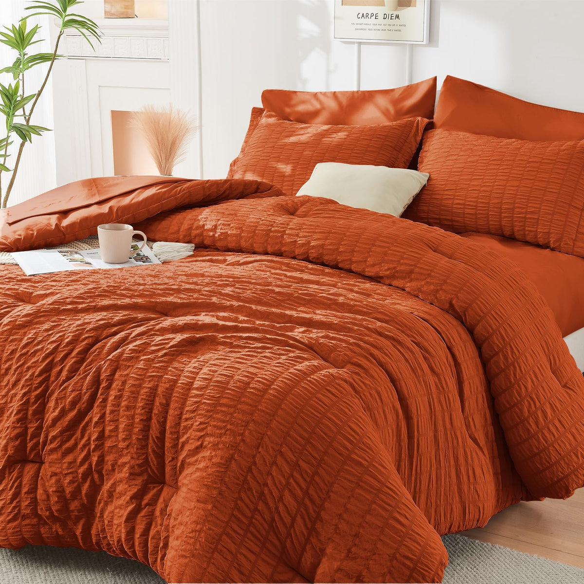 King Comforter Set - 7PCS Bed in a Bag, Seersucker Bedding Set, Dark Grey